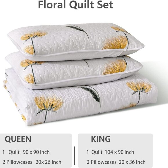 New Yellow Floral 3-Piece 100% Polyester Quilt Set • Reversible • QUEEN Size - Picture 6 of 6